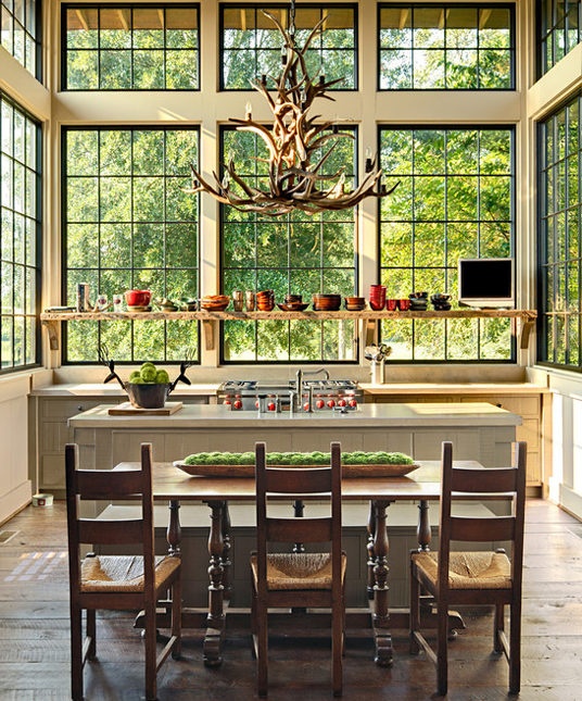 Steel windows in a rustic farmhouse-style home